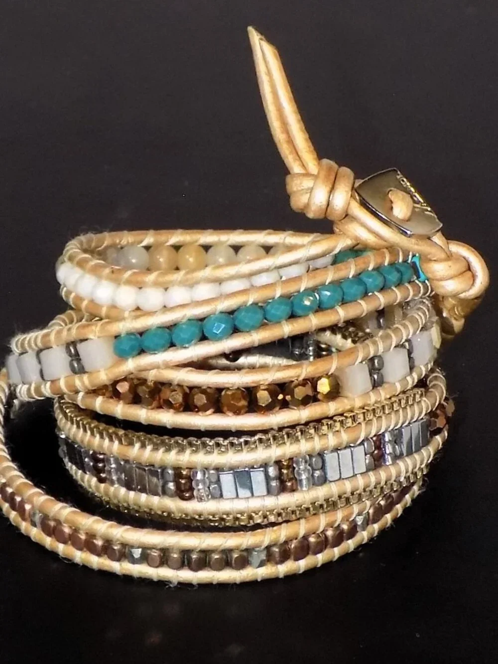 Nakamol Long Beaded Boho Wrap Bracelet.  Lame Cord, Crystal, Metal, Earthtones